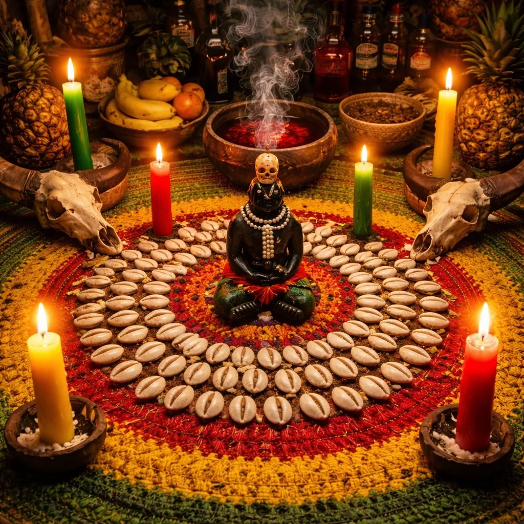 Autel de cauris disposés en mandala, entouré de bougies, pour un rituel de protection